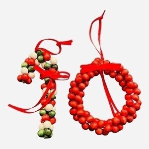 Vintage Set 2x Wood Beaded Wreath Candy Cane Christmas Ornaments 3.5" Rare VG